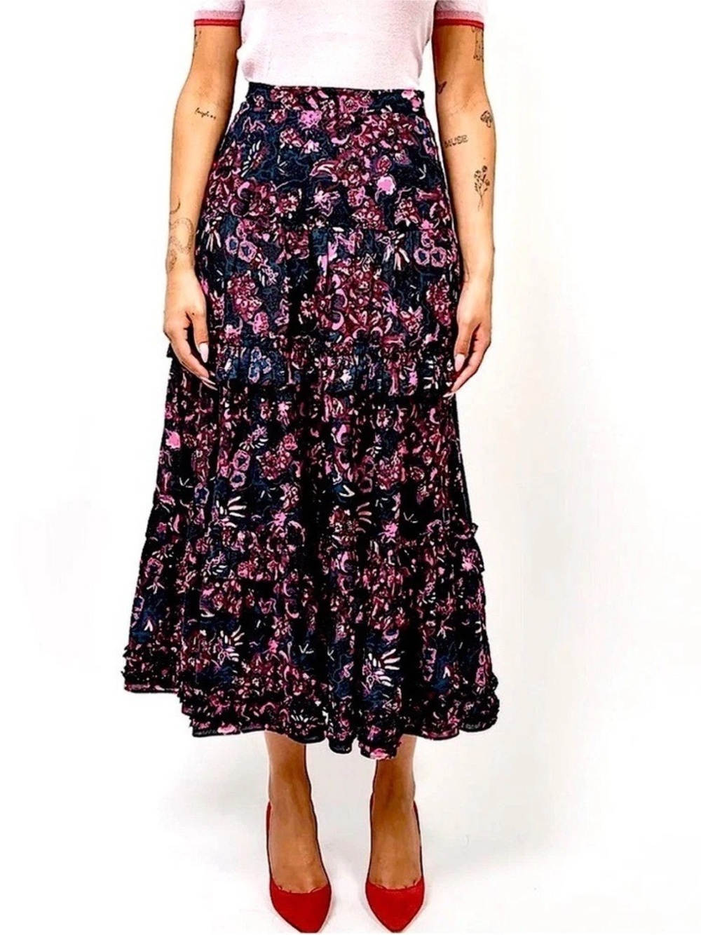 Ulla Johnson purple navy pink floral cotton midi ruffle skirt size 6